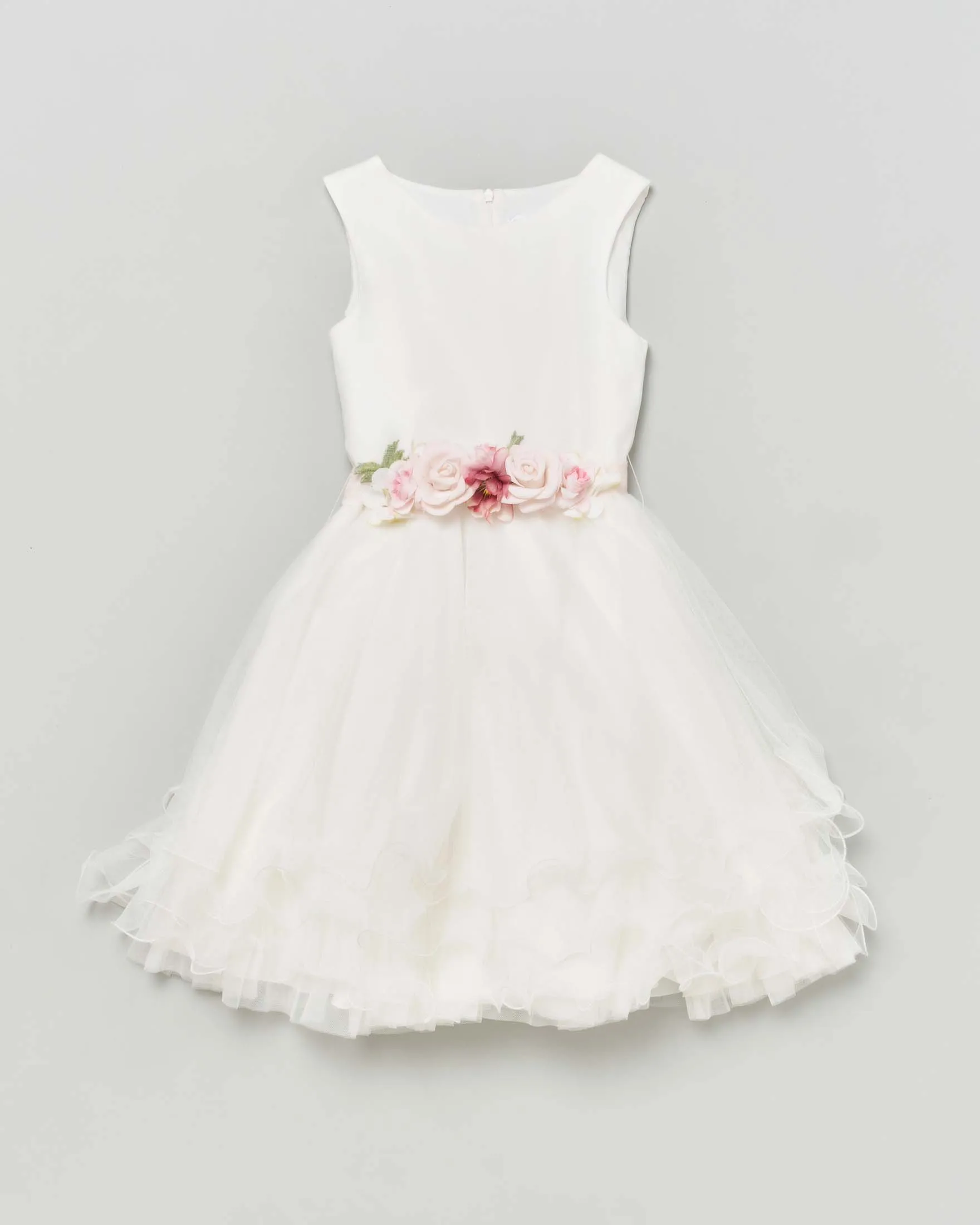 Abito corto bianco senza maniche con gonna in tulle e fascia rosa ricamata con fiori 6 mesi