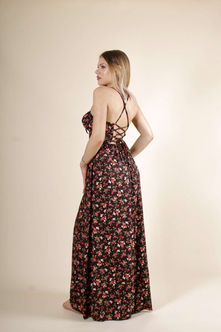 Abito Fiori Spacco Lungo – Nero