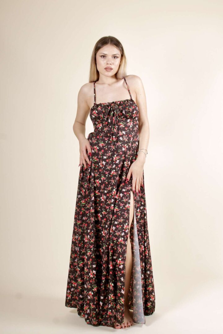 Abito Fiori Spacco Lungo – Nero