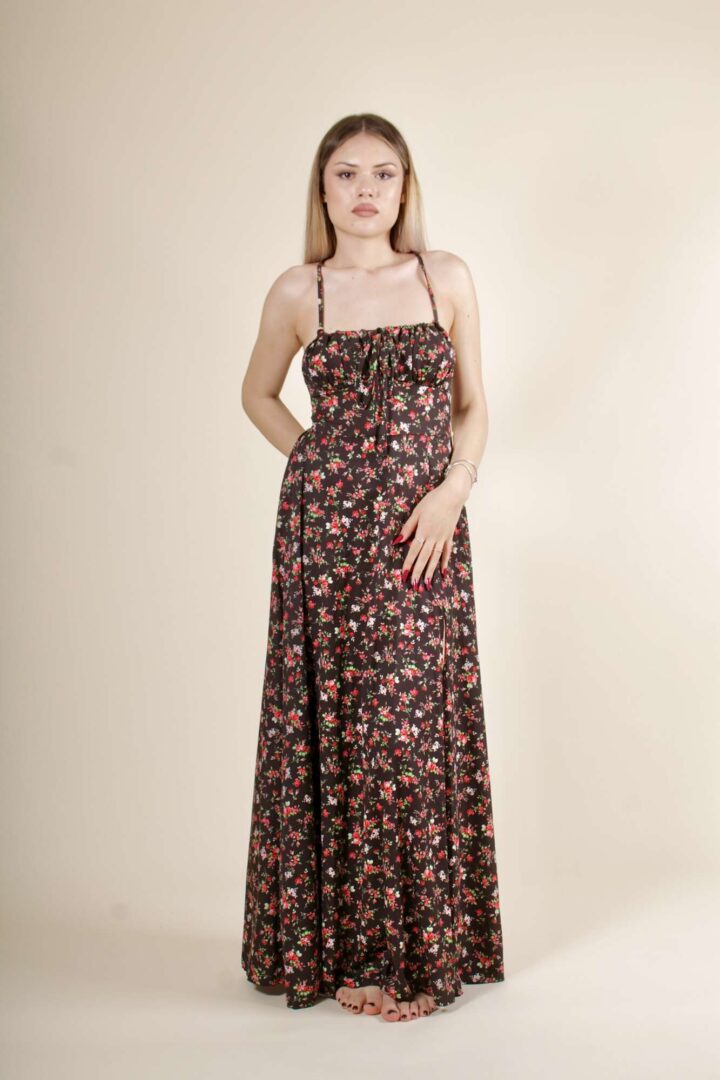Abito Fiori Spacco Lungo – Nero