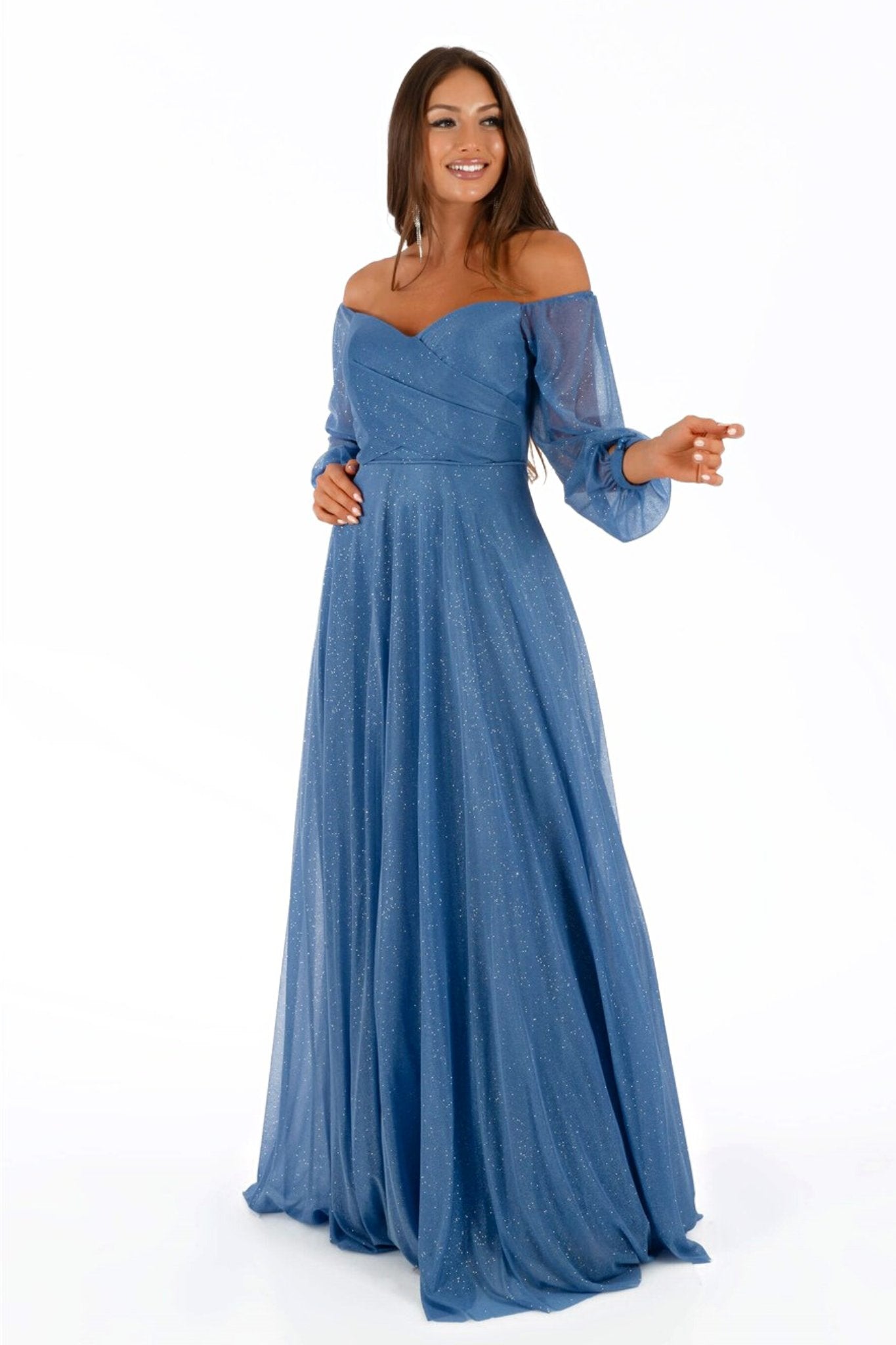 Abito lungo blu celeste in tessuto glitterato con maniche lunghe