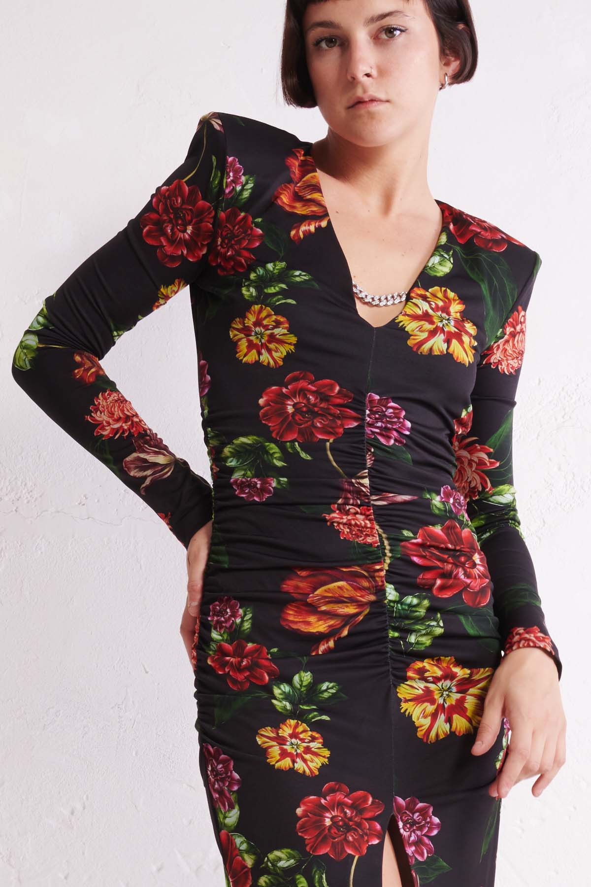 ANIYE BY Abito con arricciature e catena con strass Dafne