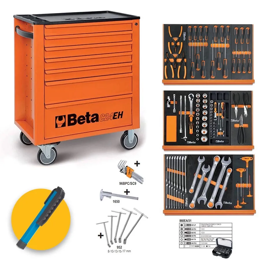BETA C24EH/VA - Carrello attrezzi per officina completo di 148 utensili, assortimento automotive