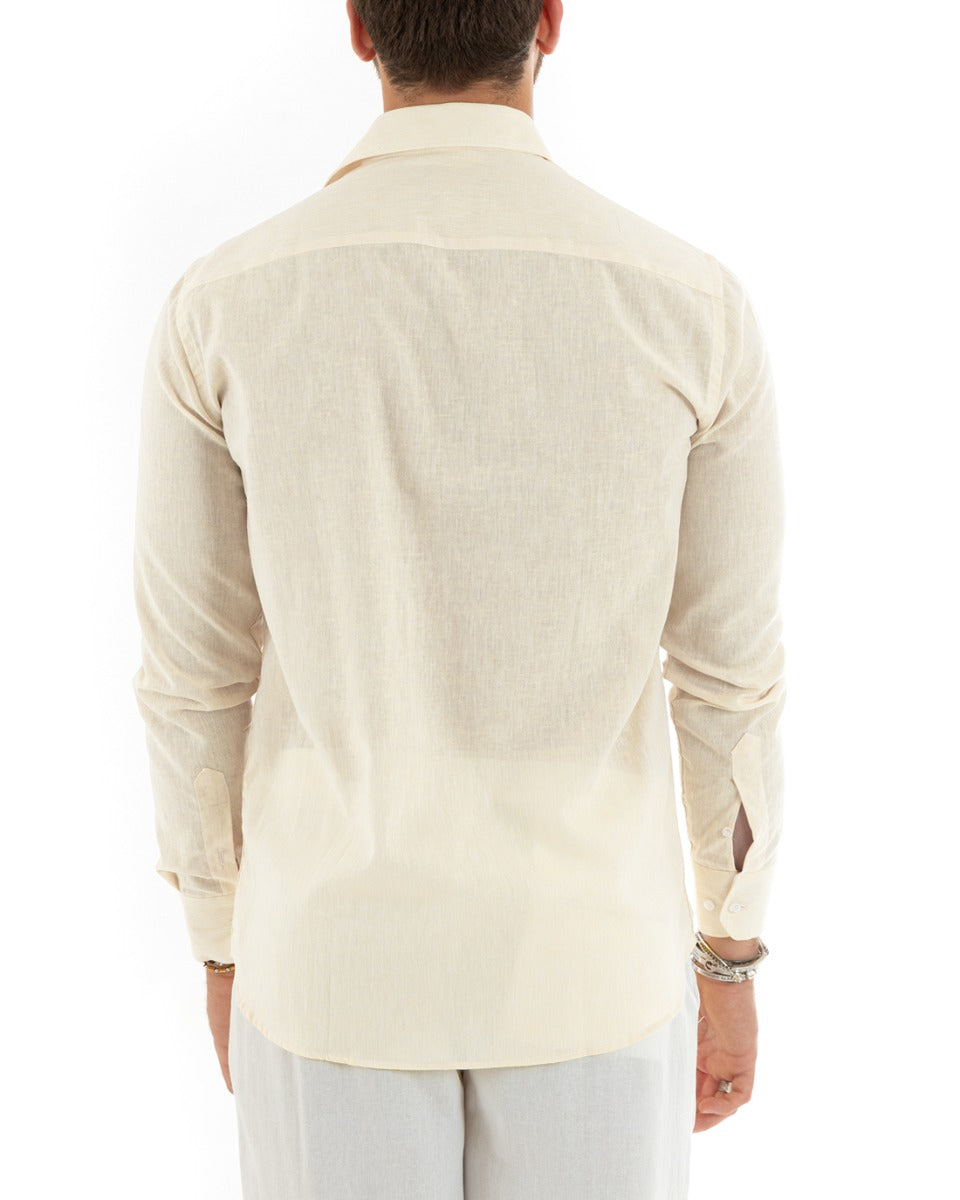 Camicia Uomo Con Colletto Francese Manica Lunga Lino Melangiata Sartoriale Beige GIOSAL-C2682A