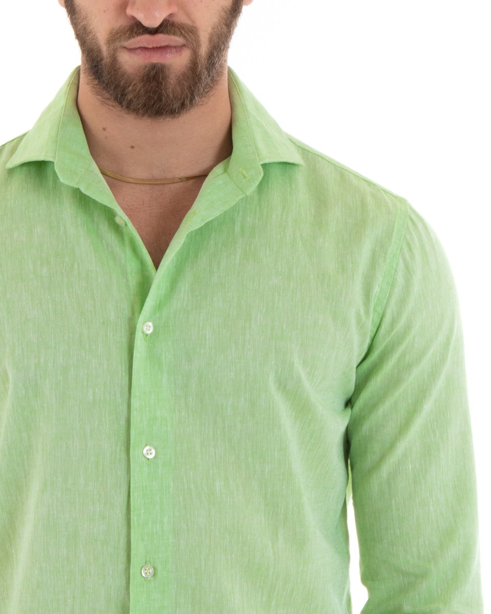 Camicia Uomo Con Colletto Francese Manica Lunga Lino Melangiata Sartoriale Verde Pisello GIOSAL-C2683A