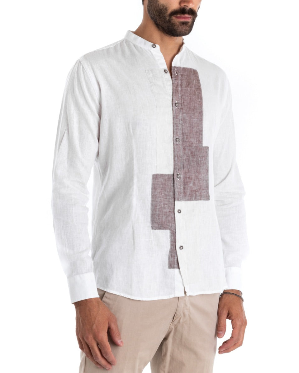 Camicia Uomo Lino Collo Coreano Manica Lunga Regular Fit Bianco Fango GIOSAL-C2429A