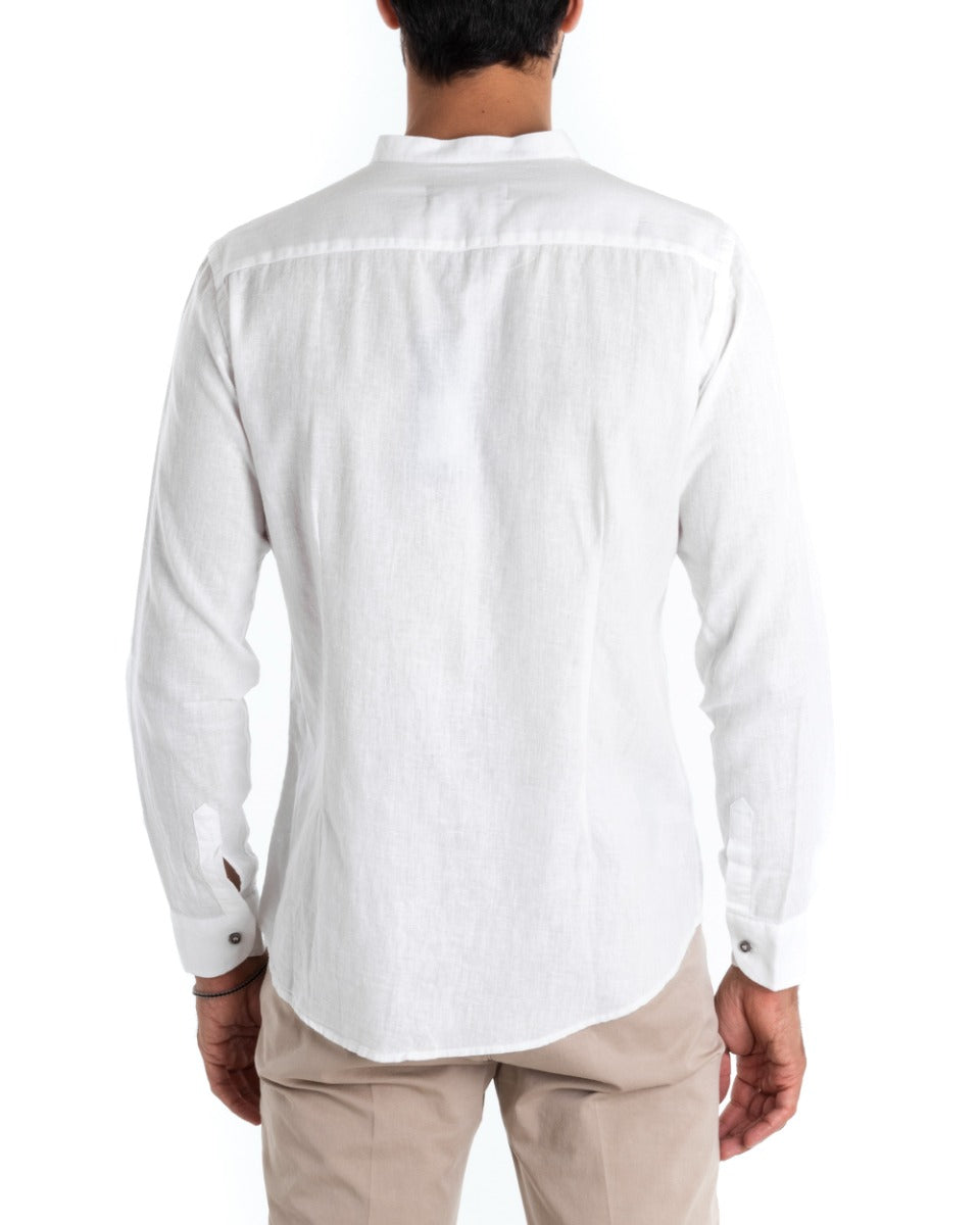 Camicia Uomo Lino Collo Coreano Manica Lunga Regular Fit Bianco Fango GIOSAL-C2429A