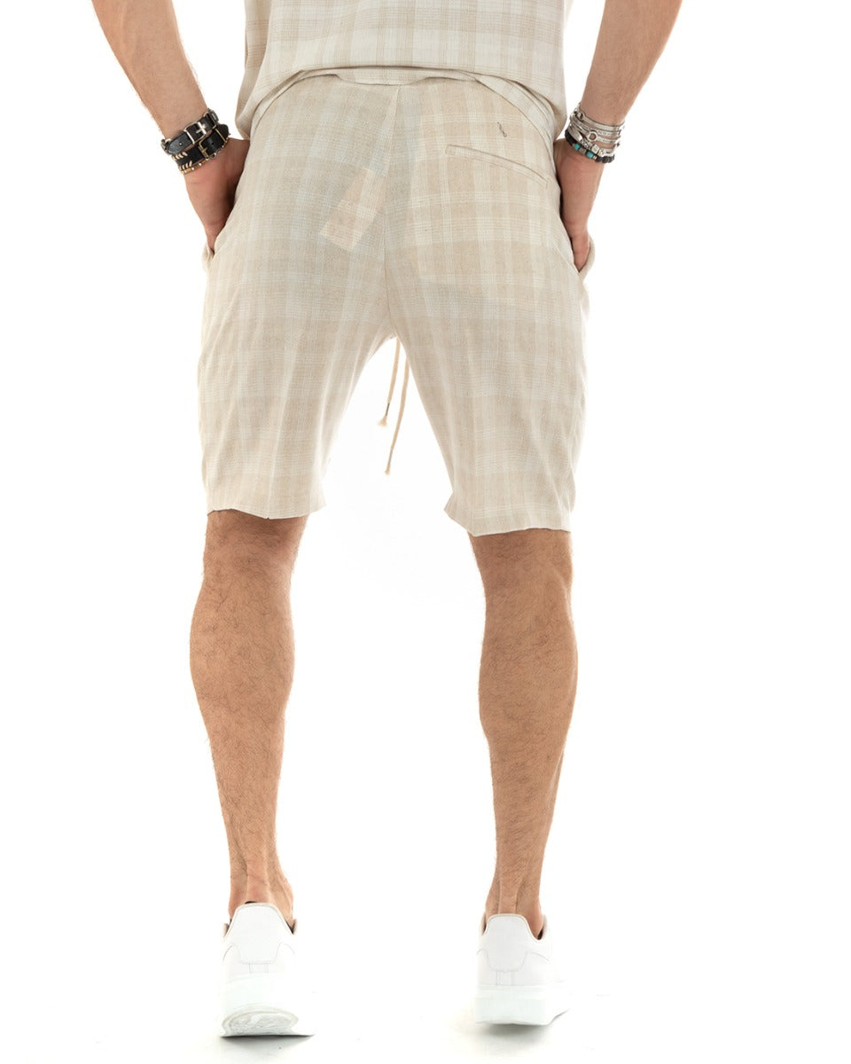 Completo Set Coordinato Uomo Lino Casacca Camicia Serafino Bermuda Outfit Quadri Beige GIOSAL-OU2343A