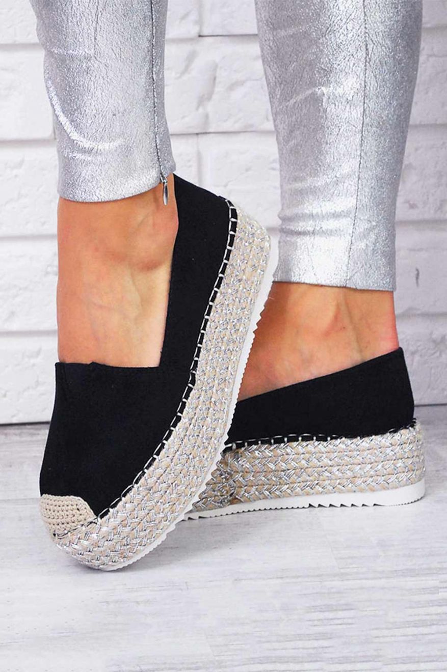 Espadrillas scamosciate con zeppa in corda Nere