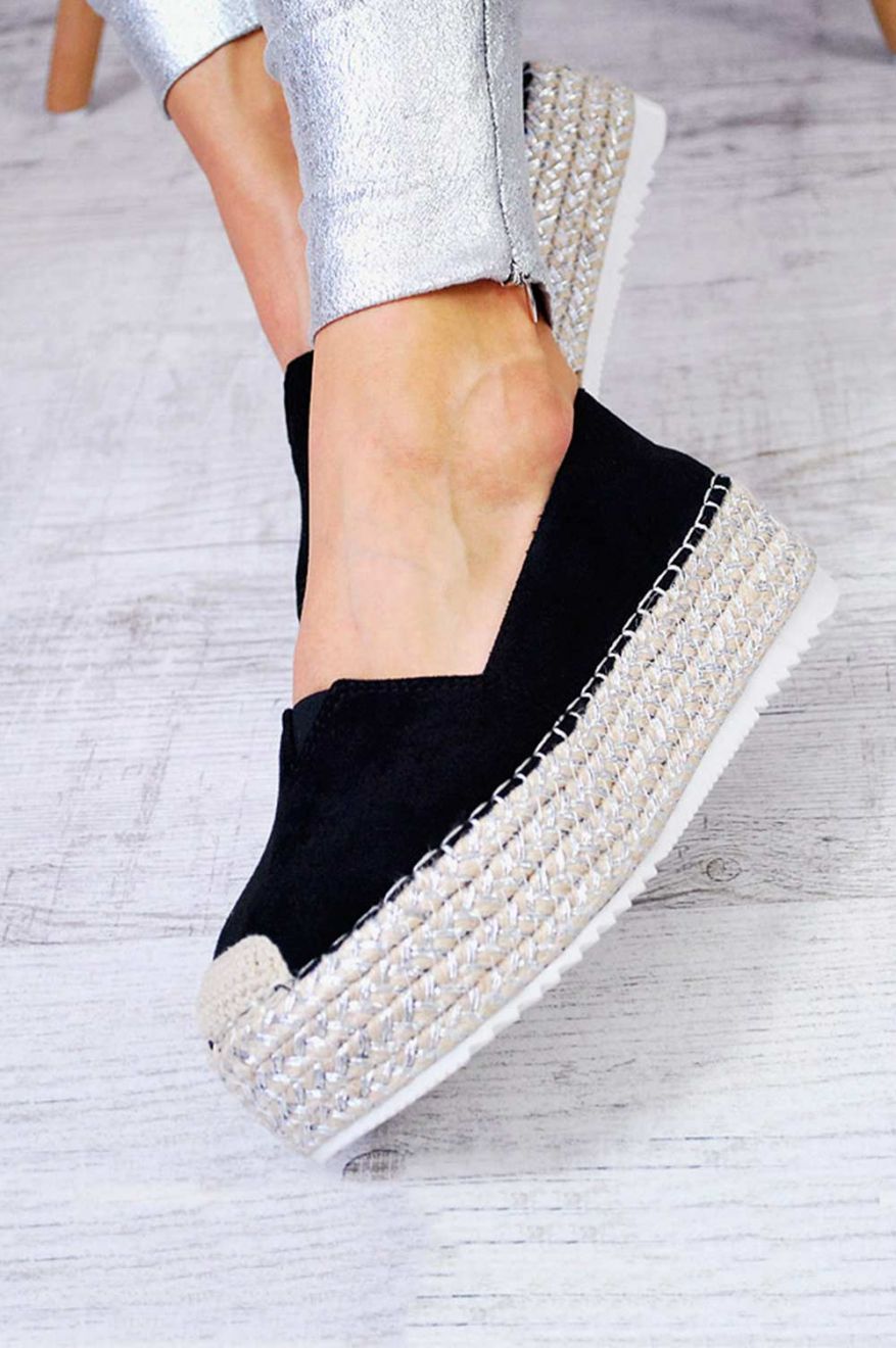 Espadrillas scamosciate con zeppa in corda Nere