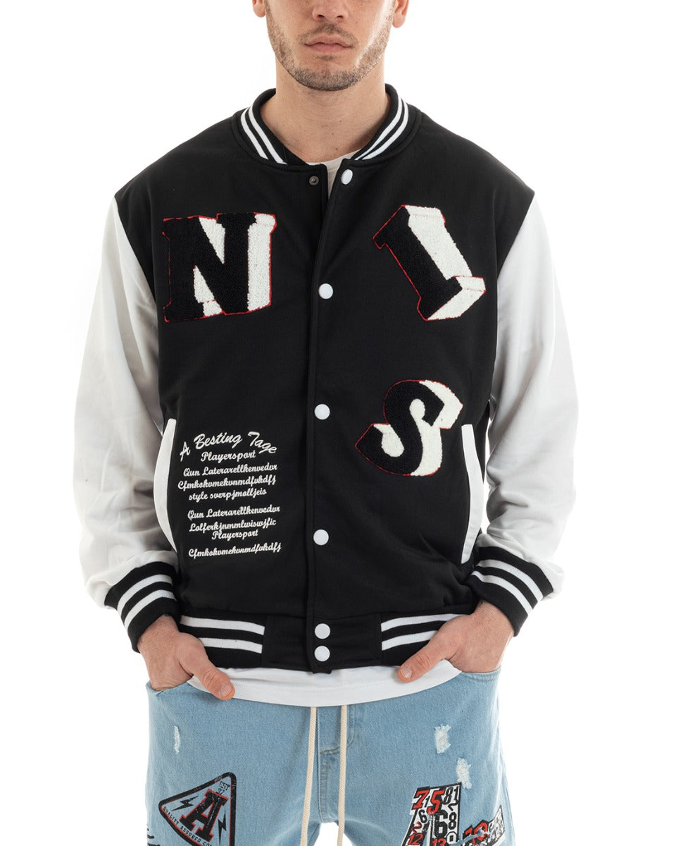 Felpa Uomo Giubbotto College Varsity Stampa Con Patch Bicolore Nero GIOSAL-F2973A