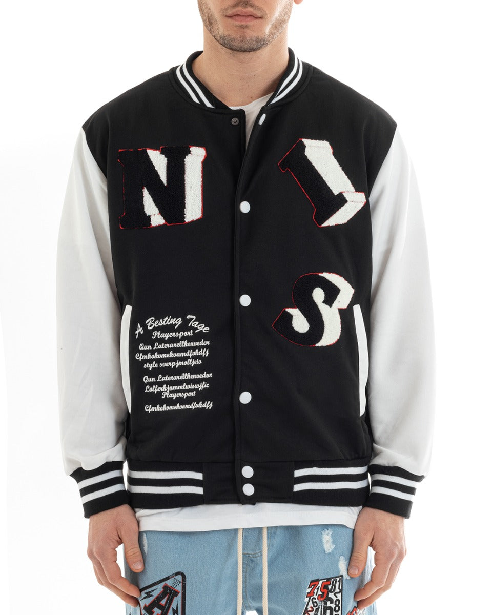 Felpa Uomo Giubbotto College Varsity Stampa Con Patch Bicolore Nero GIOSAL-F2973A
