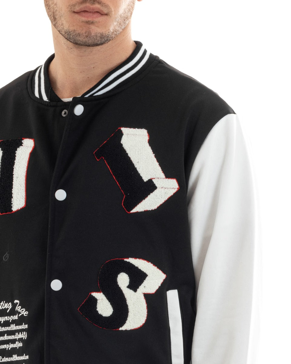 Felpa Uomo Giubbotto College Varsity Stampa Con Patch Bicolore Nero GIOSAL-F2973A
