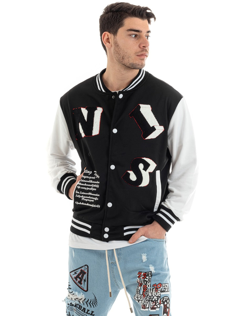 Felpa Uomo Giubbotto College Varsity Stampa Con Patch Bicolore Nero GIOSAL-F2973A