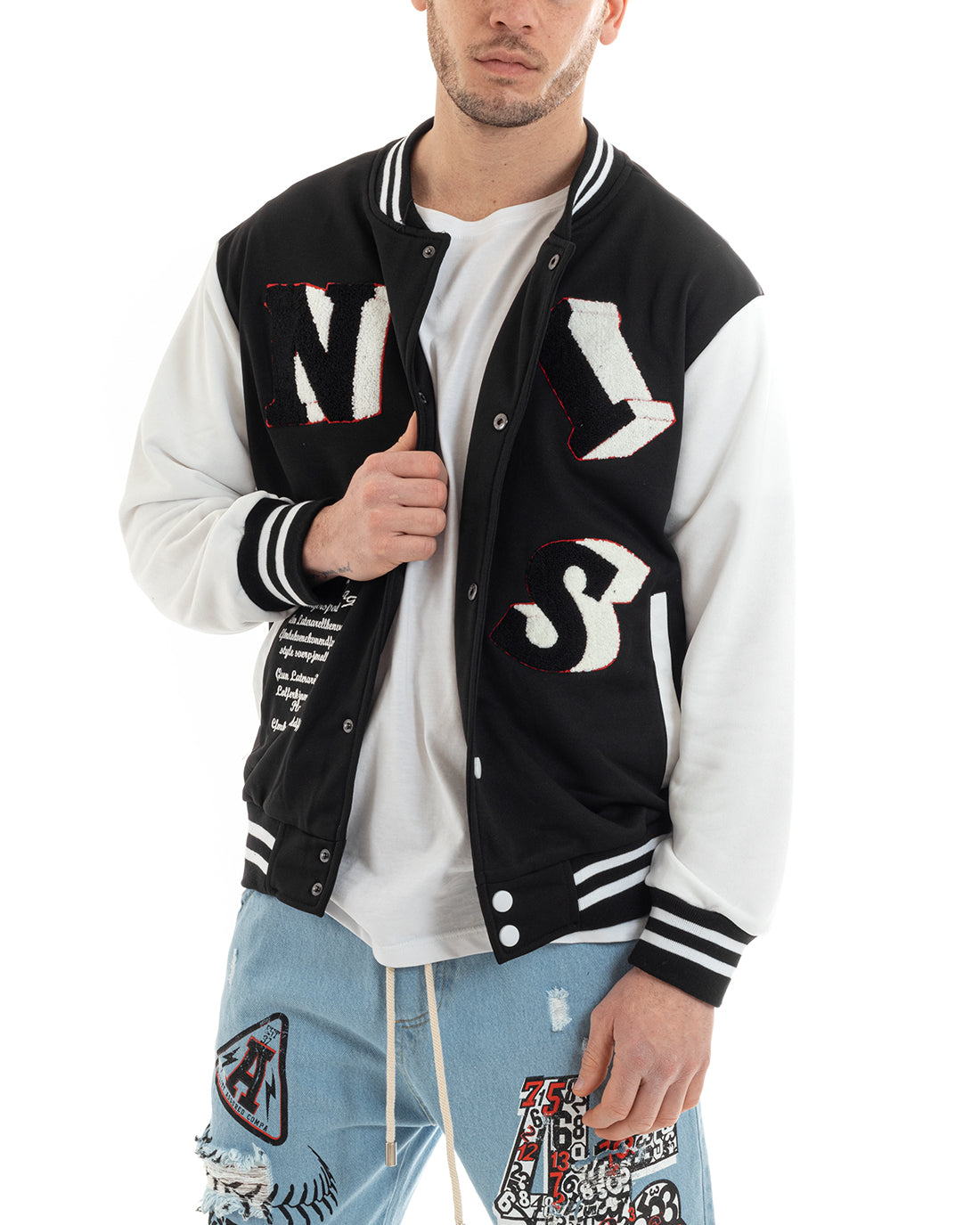 Felpa Uomo Giubbotto College Varsity Stampa Con Patch Bicolore Nero GIOSAL-F2973A