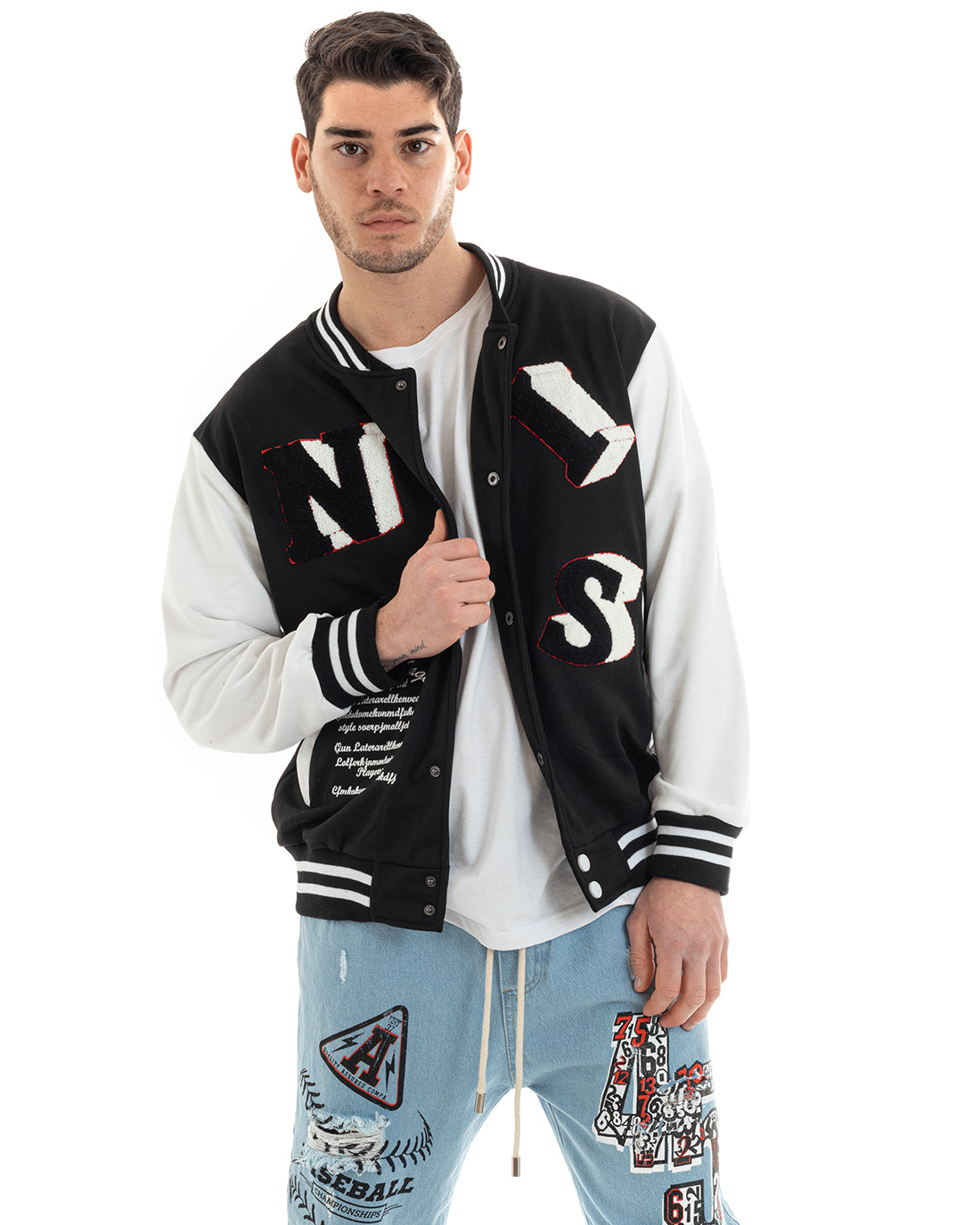 Felpa Uomo Giubbotto College Varsity Stampa Con Patch Bicolore Nero GIOSAL-F2973A