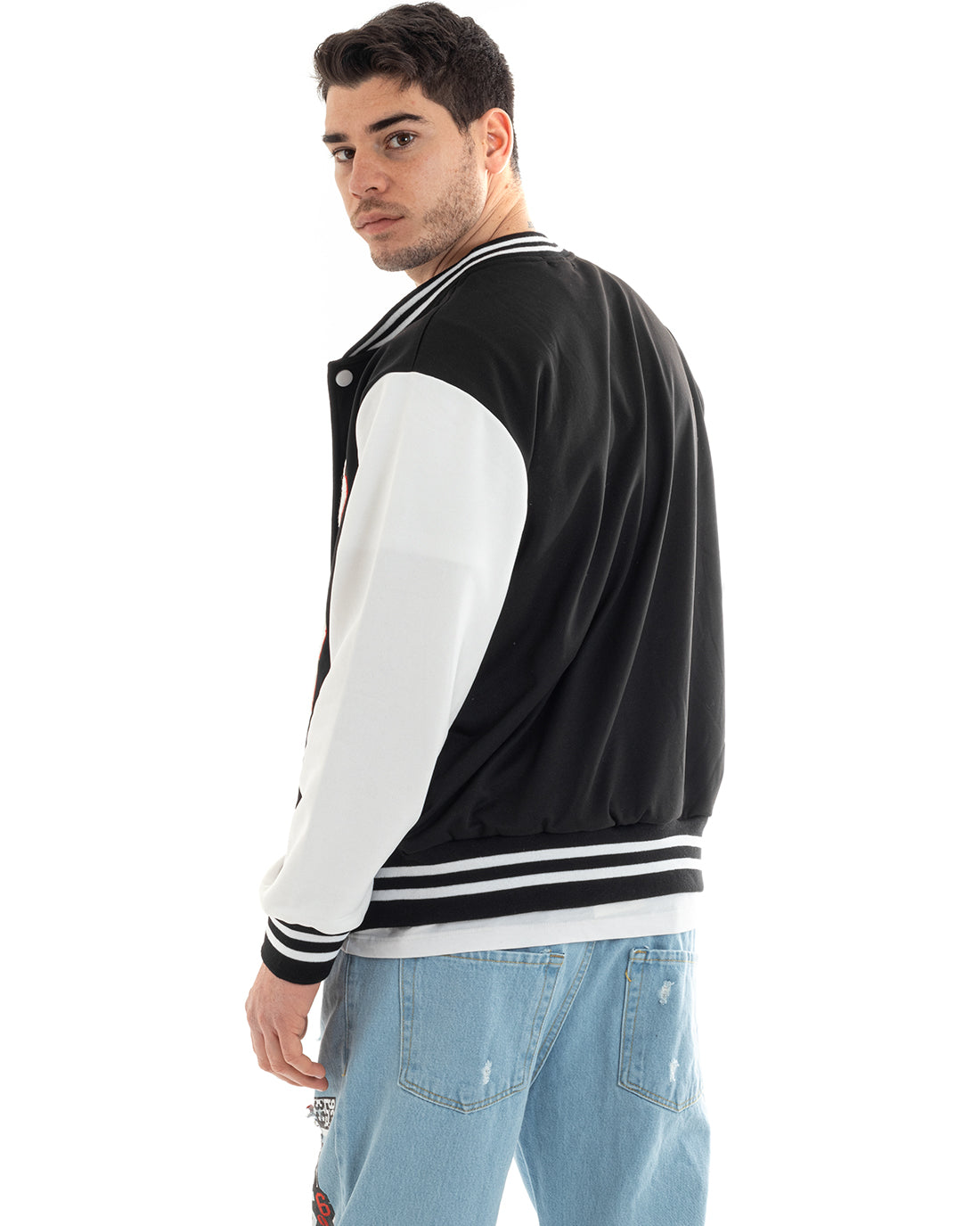 Felpa Uomo Giubbotto College Varsity Stampa Con Patch Bicolore Nero GIOSAL-F2973A