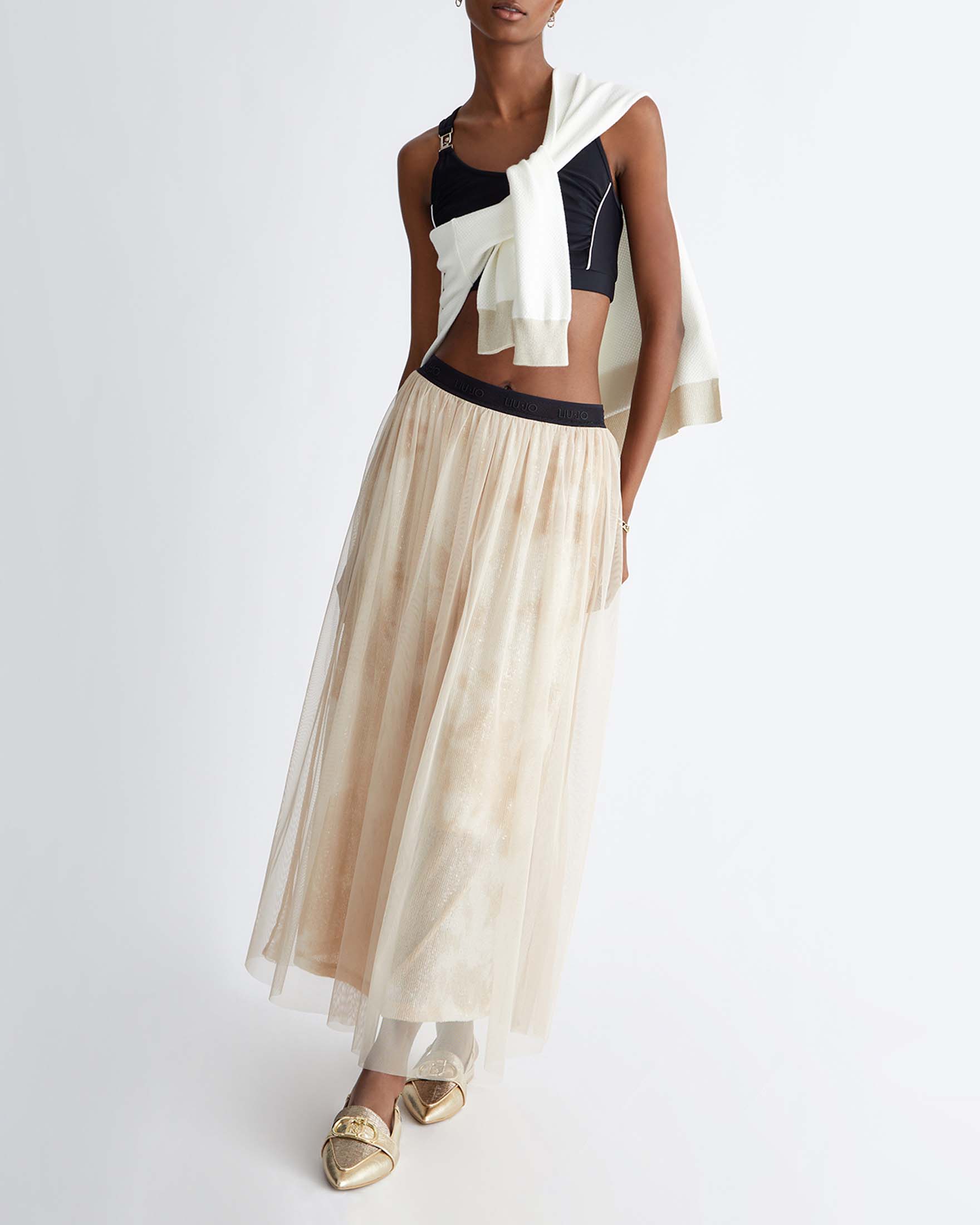Gonna lunga beige in tulle con paillettes ed elastico in vita a contrasto di colore
