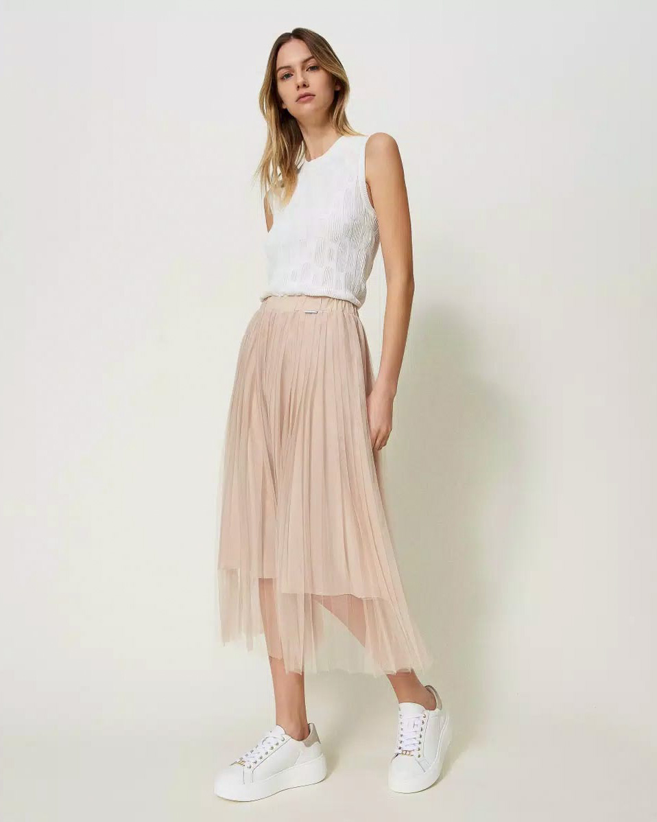 Gonna midi beige in tulle plissettato con elastico inserito in vita