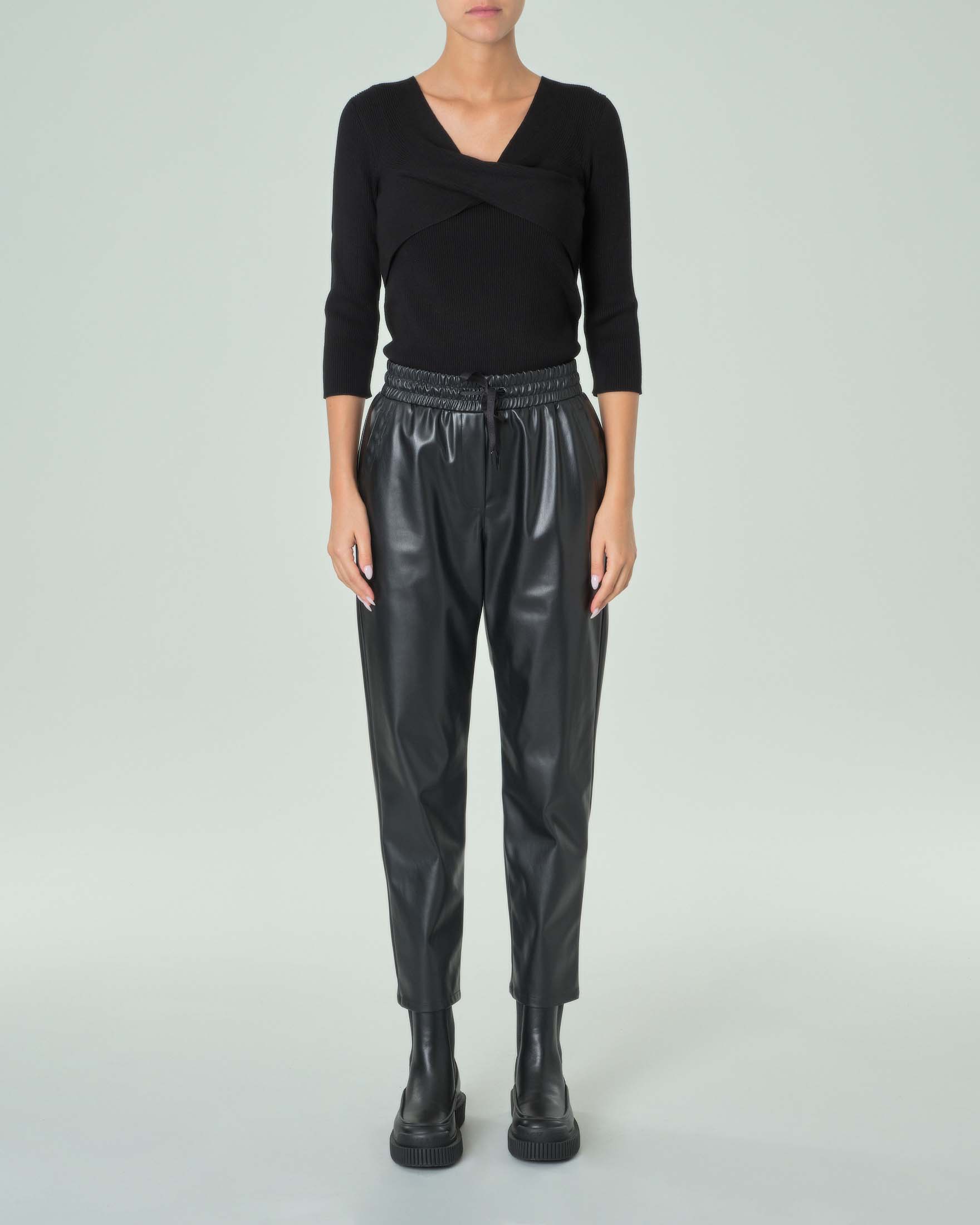 Joggers in similpelle neri con coulisse in vita Linea MONOCHROME