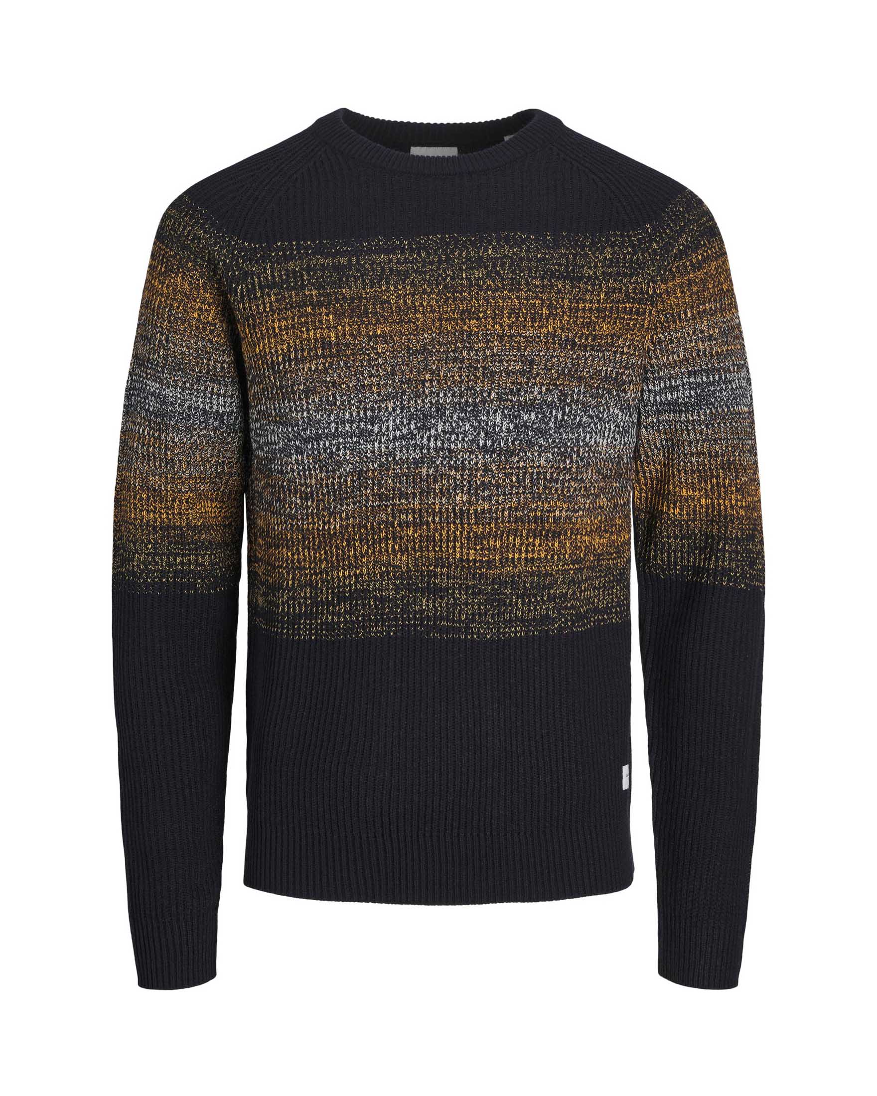 Maglione blu girocollo in misto cotone con manica raglan e fascia centrale gialla e grigia
