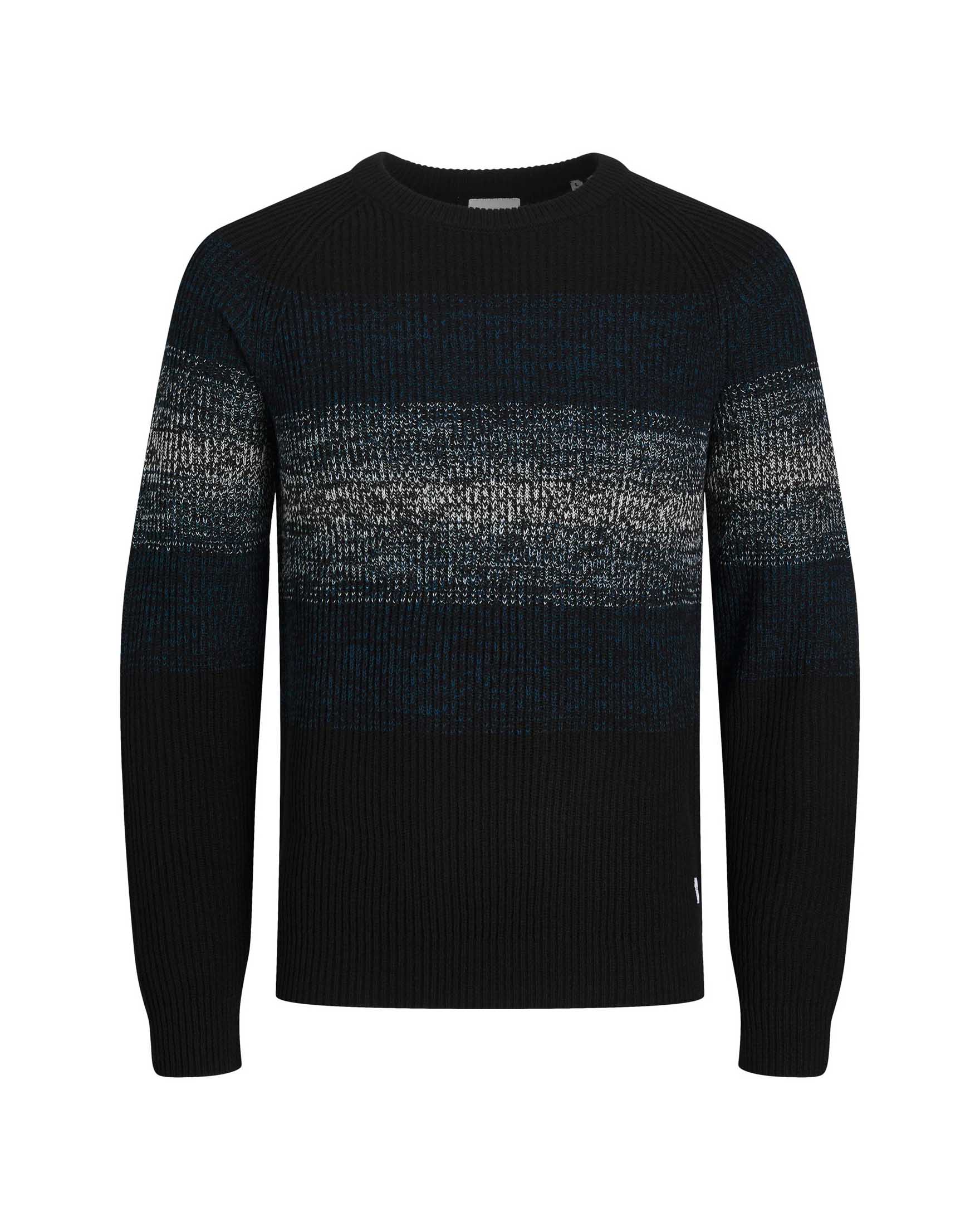 Maglione nera girocollo in misto cotone con manica raglan e fascia centrale avio e bianca