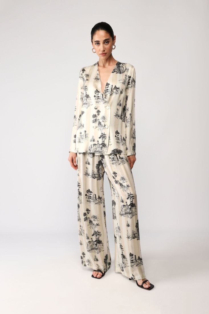 Pantaloni a palazzo fantasia botanica con vita elasticizzata