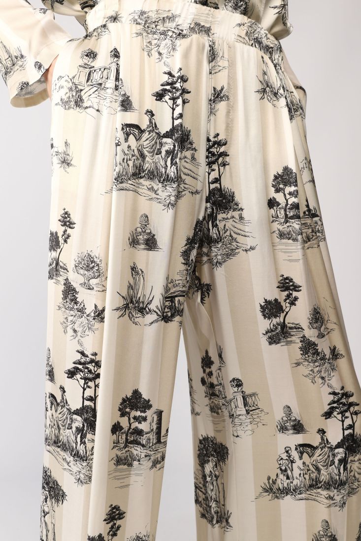 Pantaloni a palazzo fantasia botanica con vita elasticizzata