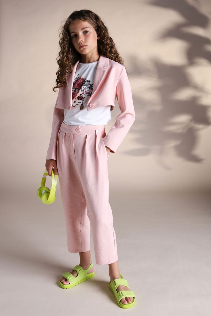Pantaloni bambina cropped straight monocolour con pinces