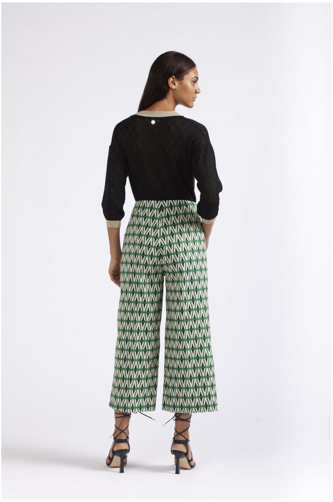 pantaloni palazzo cropped in popeline stampato rombo multiverde