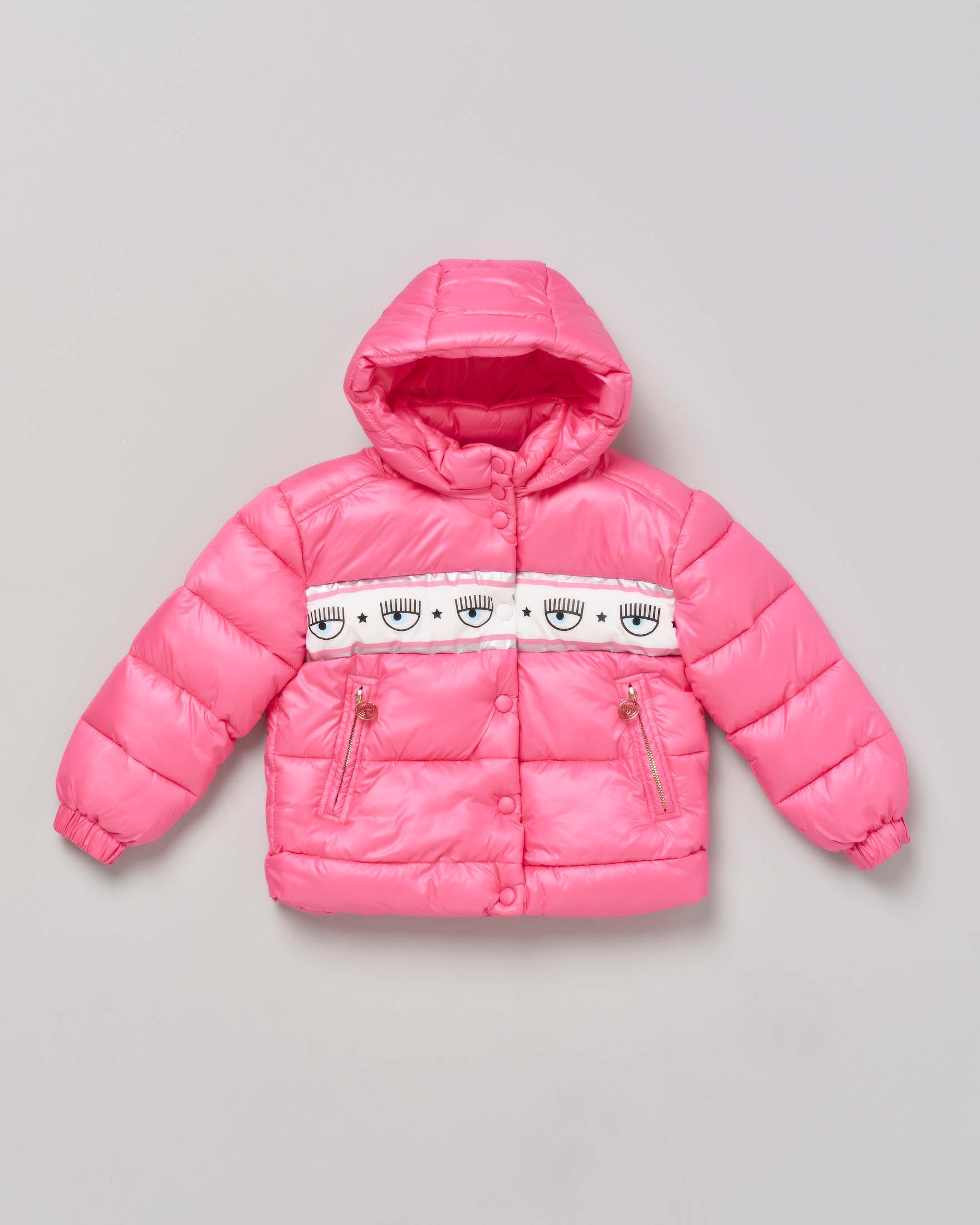 Piumino rosa con cappuccio staccabile e fascia porta logo eyestar 4-6 anni