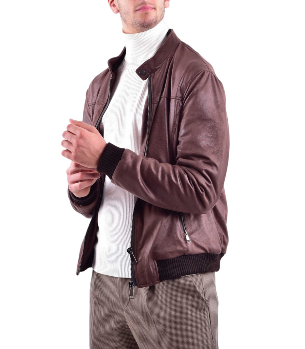 QB24 Uomo Giacca Bomber In Pelle Sintetica Liam