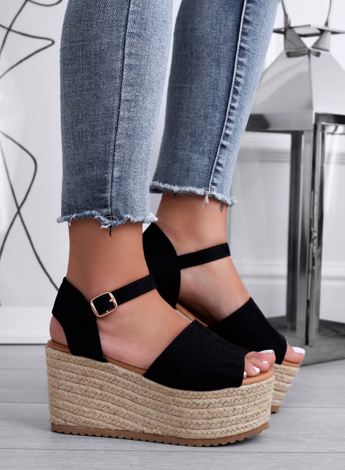 ROXIE - Sandali espadrillas neri scamosciate con zeppa