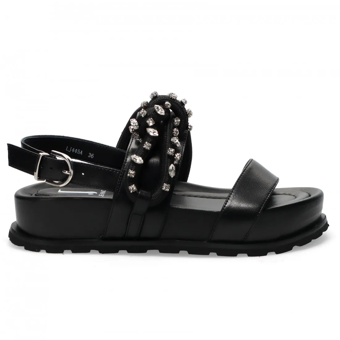Sandalo platform Jeannot nero in pelle con corda e strass