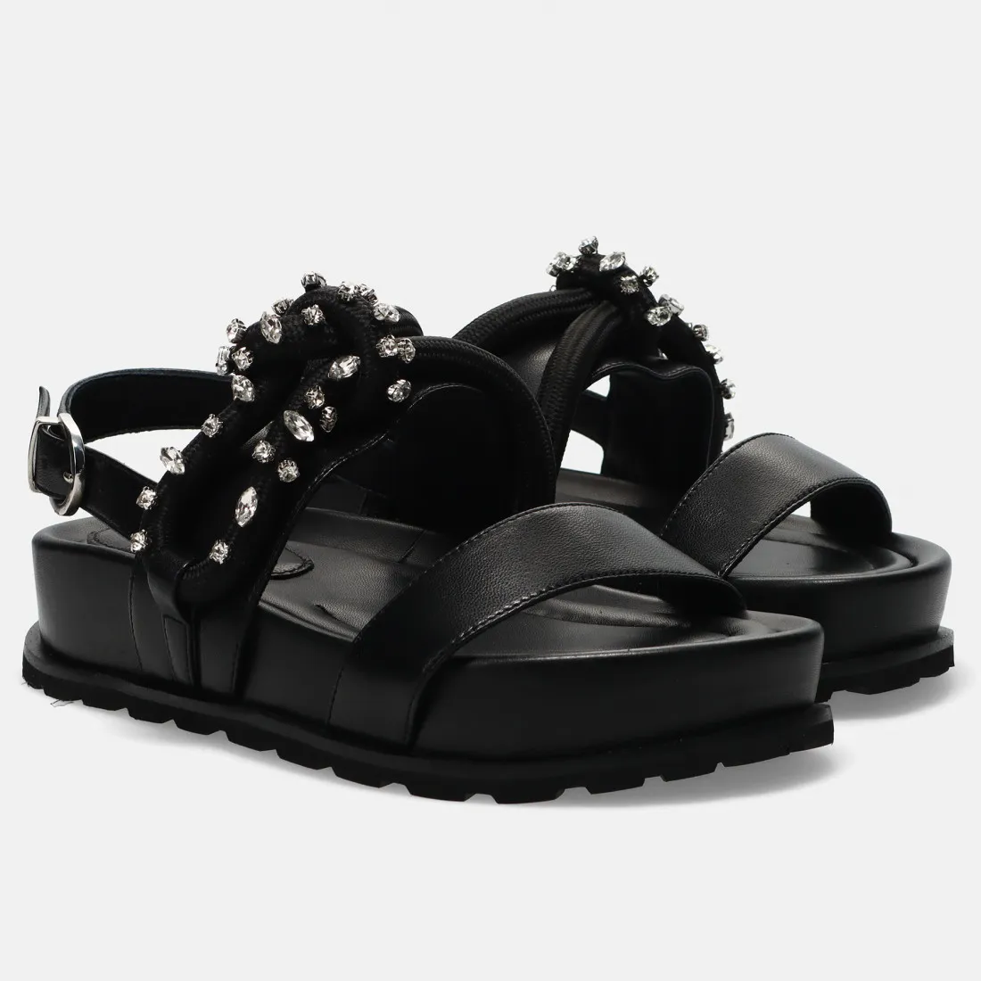 Sandalo platform Jeannot nero in pelle con corda e strass