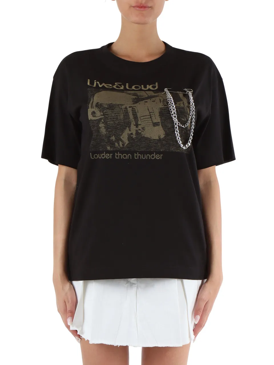 T-shirt in cotone con spilla e catena rimovibili