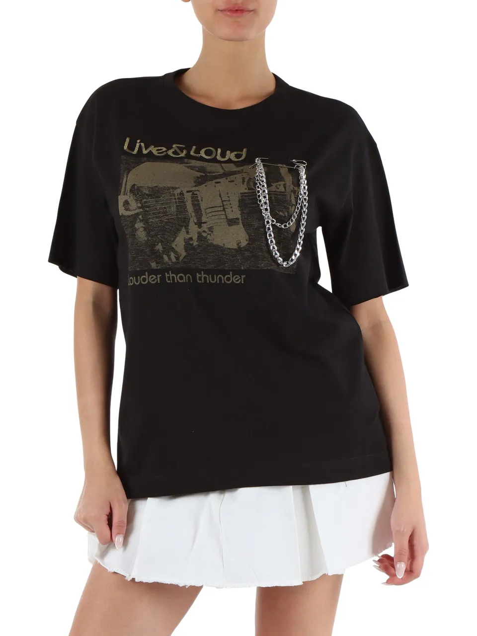 T-shirt in cotone con spilla e catena rimovibili