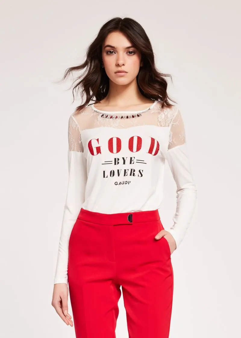 T-shirt in viscosa con pizzo