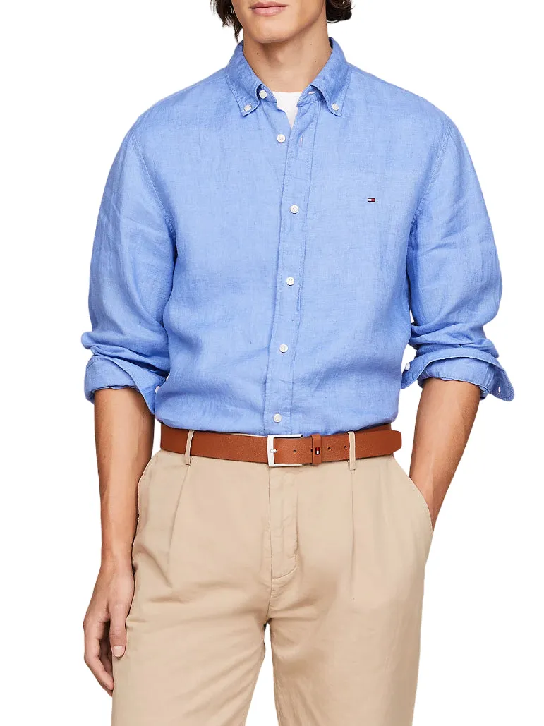 Tommy Hilfiger camicia a manica lunga in lino azzurro