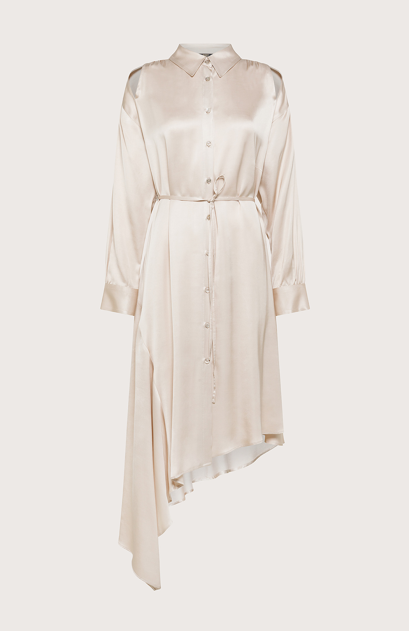 Vestito chemisier asimmetrico con spacchetti sulle spalle