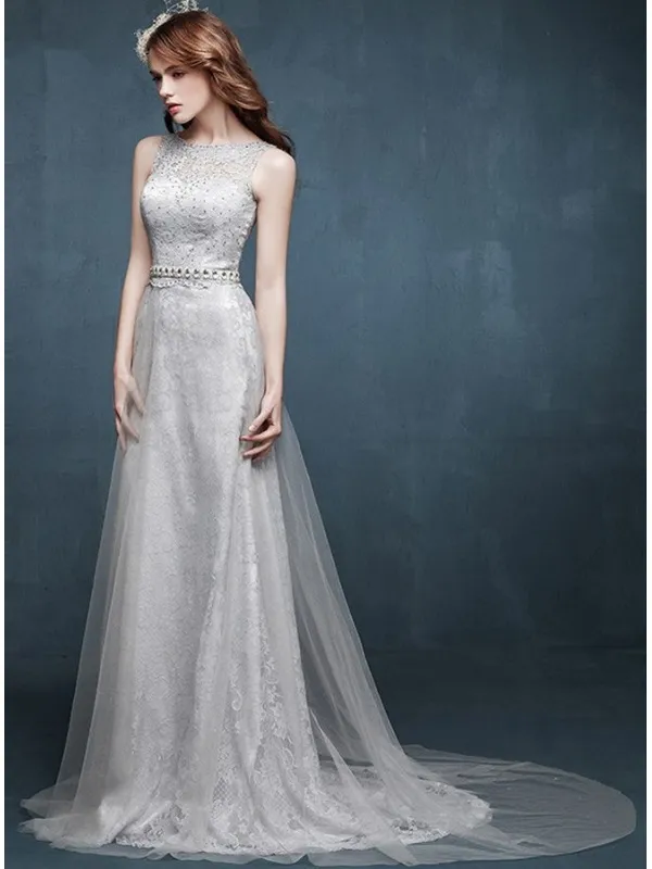 Vestito da Sposa A-line completamente di pizzo economico con cintura in vita smanicato