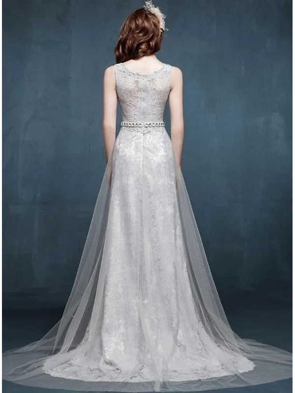 Vestito da Sposa A-line completamente di pizzo economico con cintura in vita smanicato