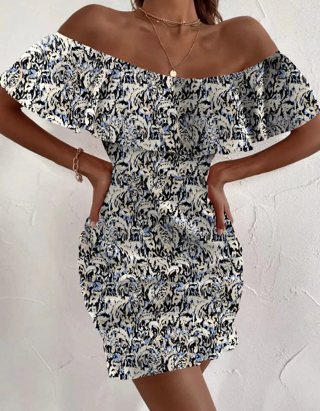 Vestito Donna Tubino Scollo Bardot Fantasia Floreale Spalla Scoperta Casual Elegante