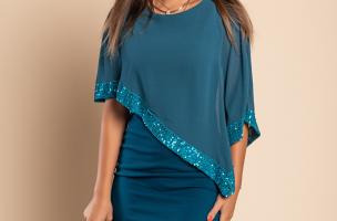 Vestito elegante con mantellina Arlet, petrolio