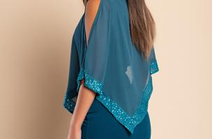 Vestito elegante con mantellina Arlet, petrolio