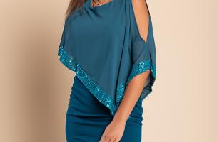 Vestito elegante con mantellina Arlet, petrolio