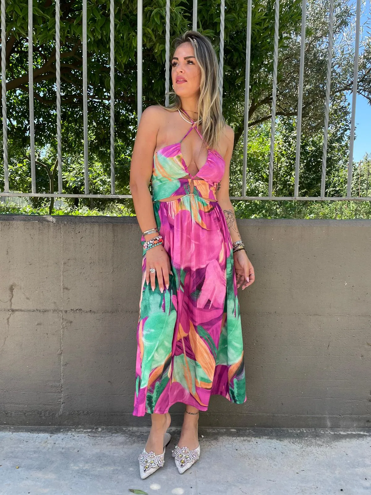 Vestito lungo fantasia astratta cut-out