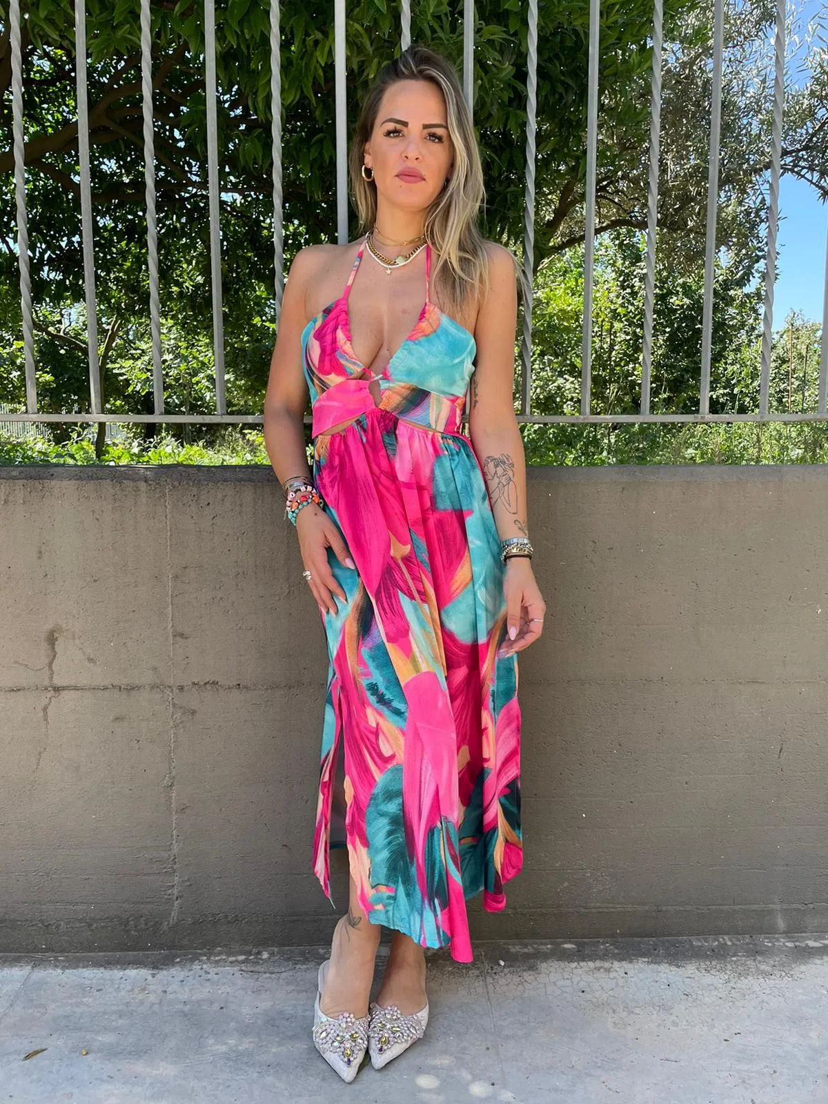 Vestito lungo fantasia astratta cut-out