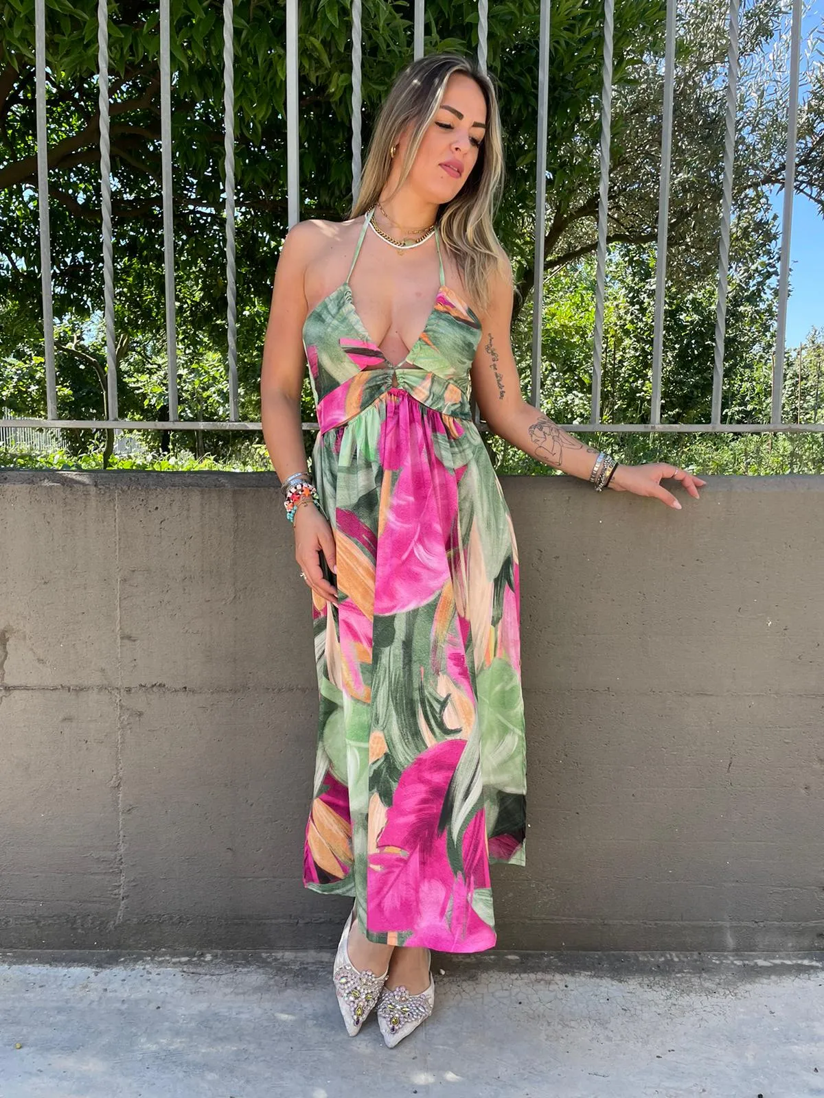 Vestito lungo fantasia astratta cut-out