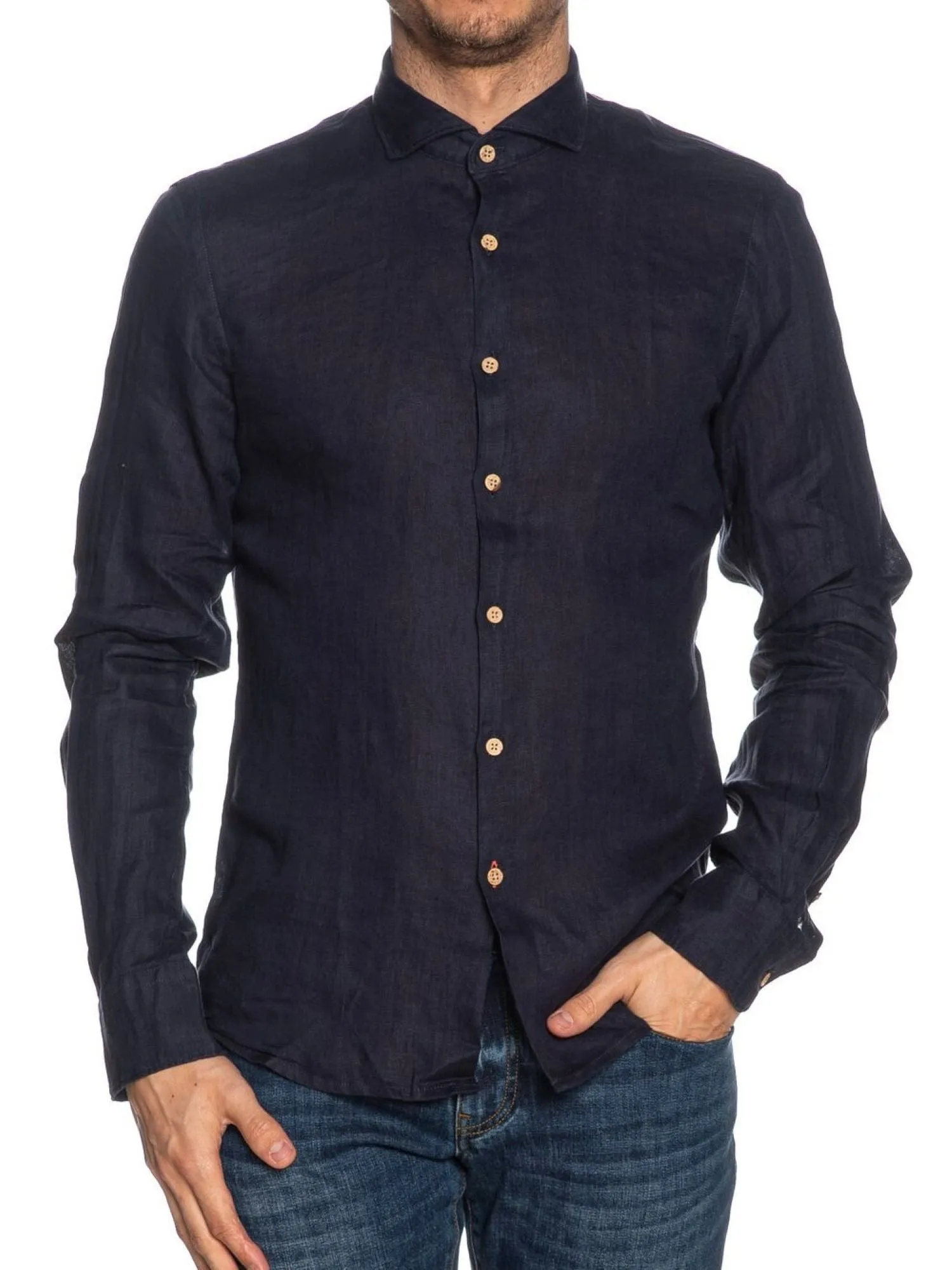 Yes Zee camicia manica lunga in lino con collo francese blu
